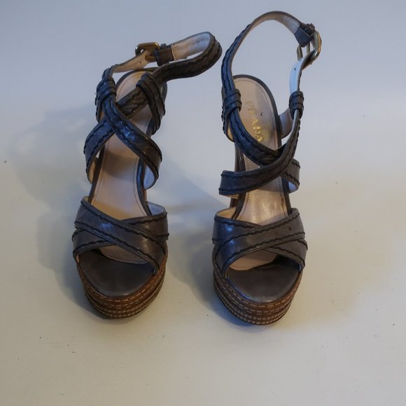 Womens Prada Gray Platform Strappy Leather Heels 38 US/8 * - Picture 2 of 16